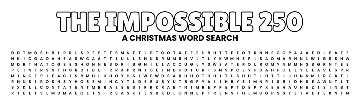The Impossible 250 Christmas Word Search header and grid close-up