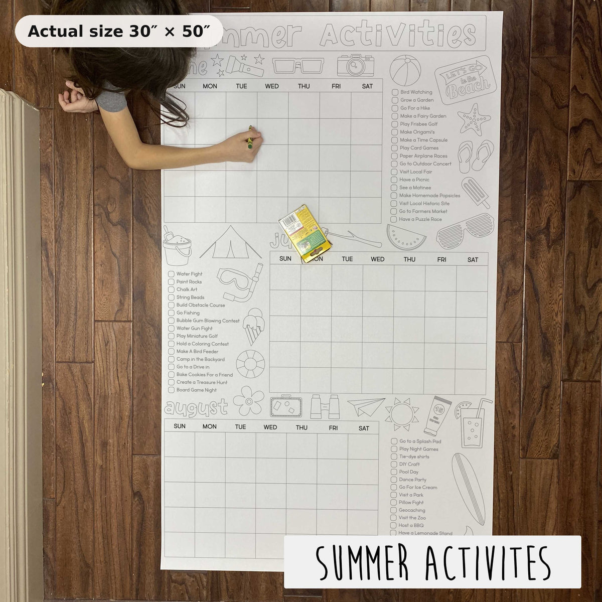 Summer Activity Calendar Coloring Sheet actual size 30 x 50 inches