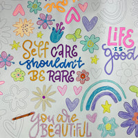 Thumbnail for Close-up of the Love Yourself coloring sheet colored in with markers