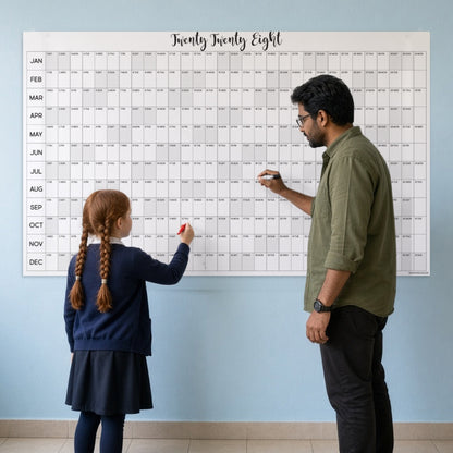 2028 horizontal yearly wall calendar in a classroom with teacher and student