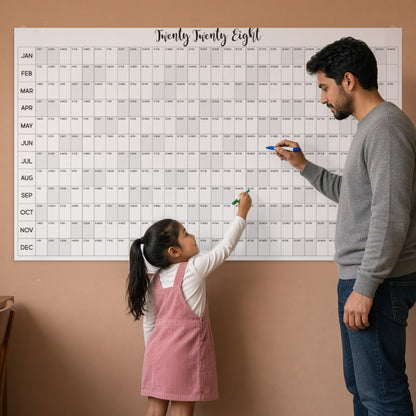 2028 horizontal yearly wall calendar in a home office with dad and daughter