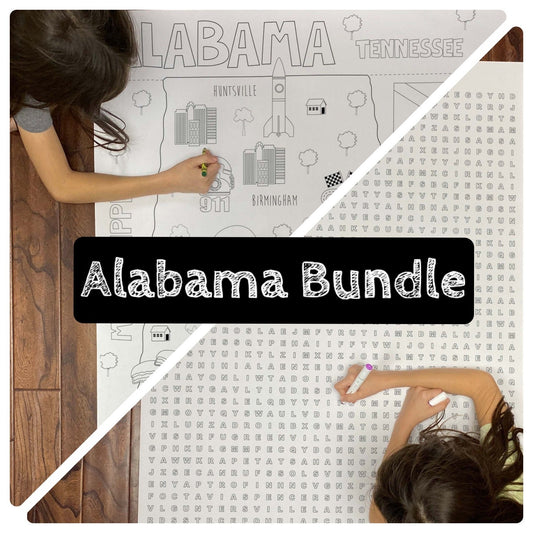 Alabama state bundle: kid coloring the giant 30 x 44.5 inch Alabama word search puzzle on a wood floor
