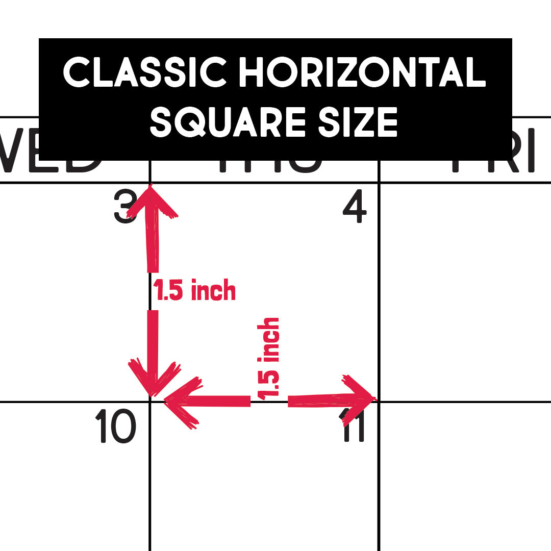 Diagram showing the size of each day square on the classic horizontal calendar