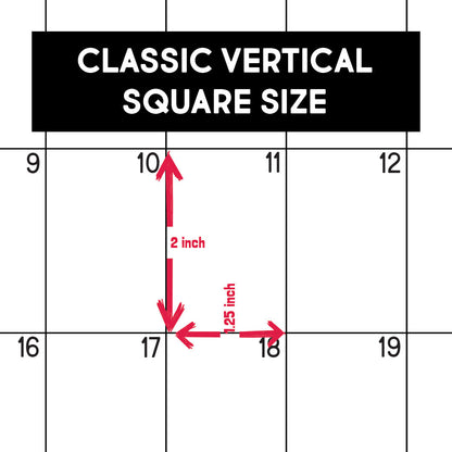 Diagram showing the size of each day square on the classic vertical calendar