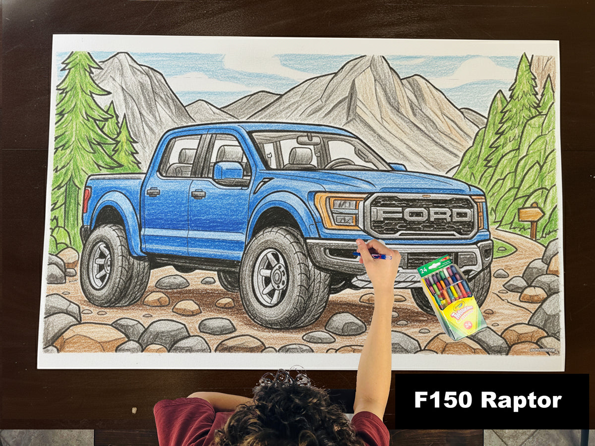 Colored-in giant coloring sheet of an off-road pickup truck, with crayons
