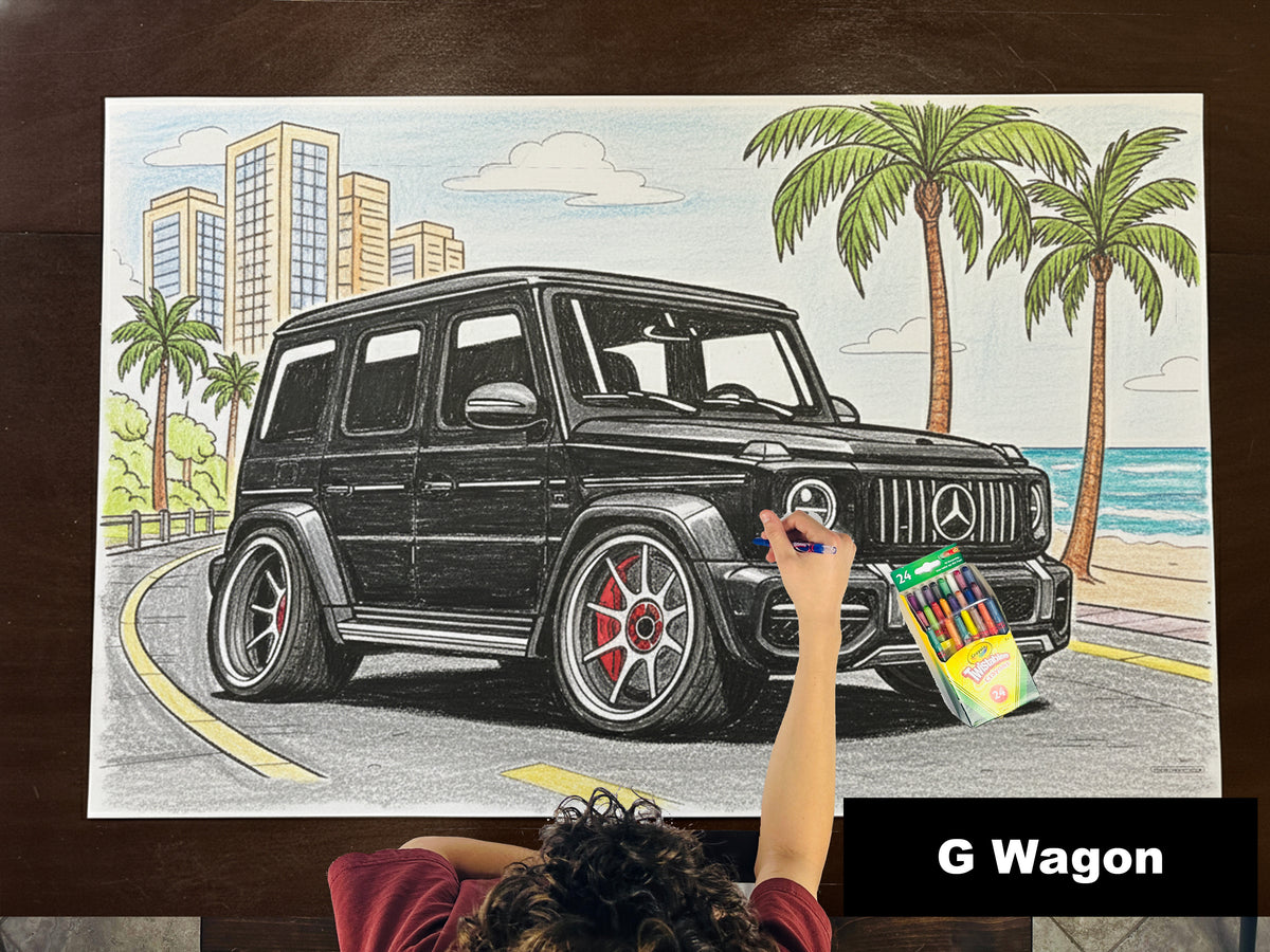 Colored-in giant coloring sheet of a boxy luxury SUV, with crayons