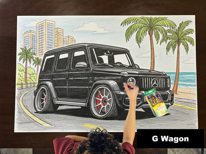 Colored-in giant coloring sheet of a boxy luxury SUV, with crayons