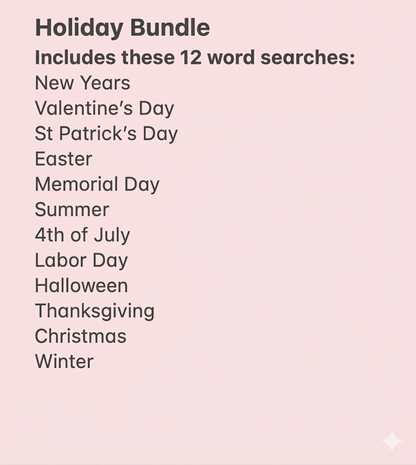 List of the 12 word searches included in the Holiday Bundle