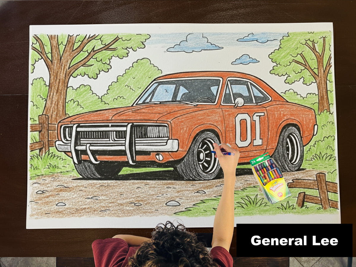 Colored-in giant coloring sheet of a classic muscle car, with crayons