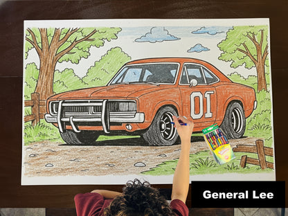 Colored-in giant coloring sheet of a classic muscle car, with crayons