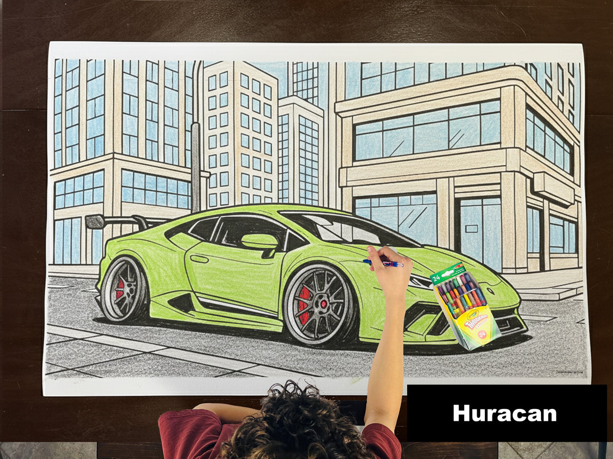 Colored-in giant coloring sheet of an exotic sports car, with crayons