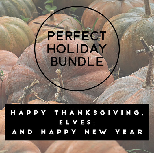 Perfect Holiday Bundle cover: Happy Thanksgiving, Elves and Happy New Year giant coloring sheets