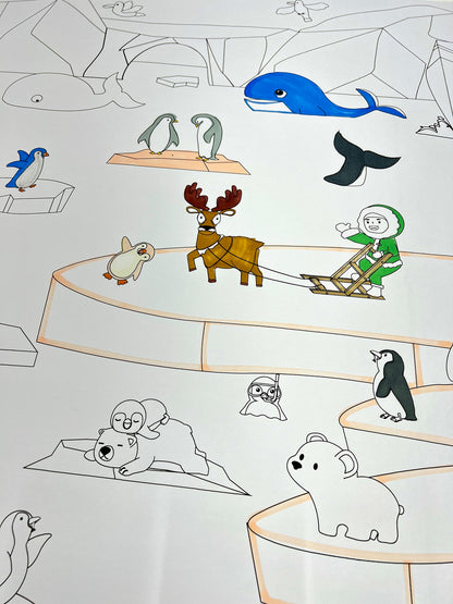 Close-up of the Arctic Fun coloring sheet colored in with markers