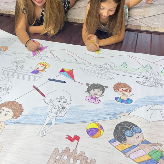 The At The Lake giant coloring sheet being colored in with markers at a table