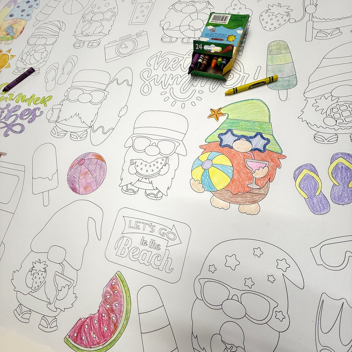 Close-up of the Summer Gnomes coloring sheet colored in with markers
