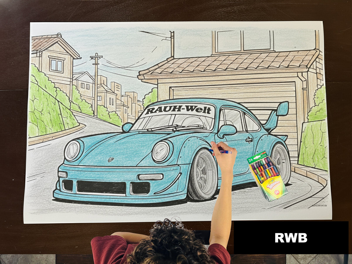 Colored-in giant coloring sheet of a widebody classic sports car, with crayons