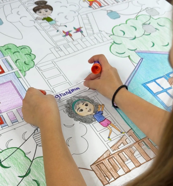 Close-up of the Family Tree coloring sheet colored in with markers