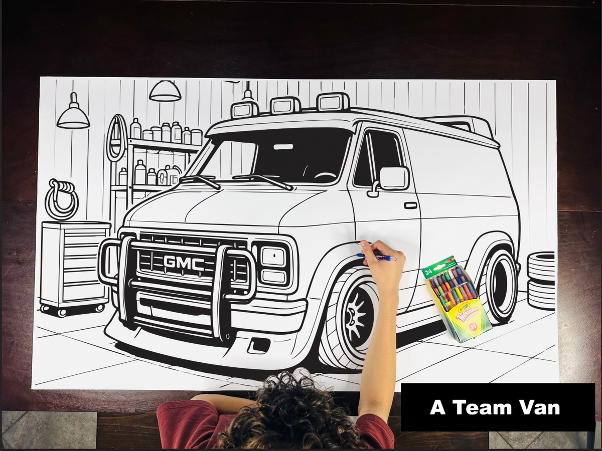 Giant coloring sheet of an 80s van, with a box of crayons