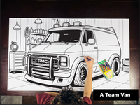 Thumbnail for Giant coloring sheet of an 80s van, with a box of crayons
