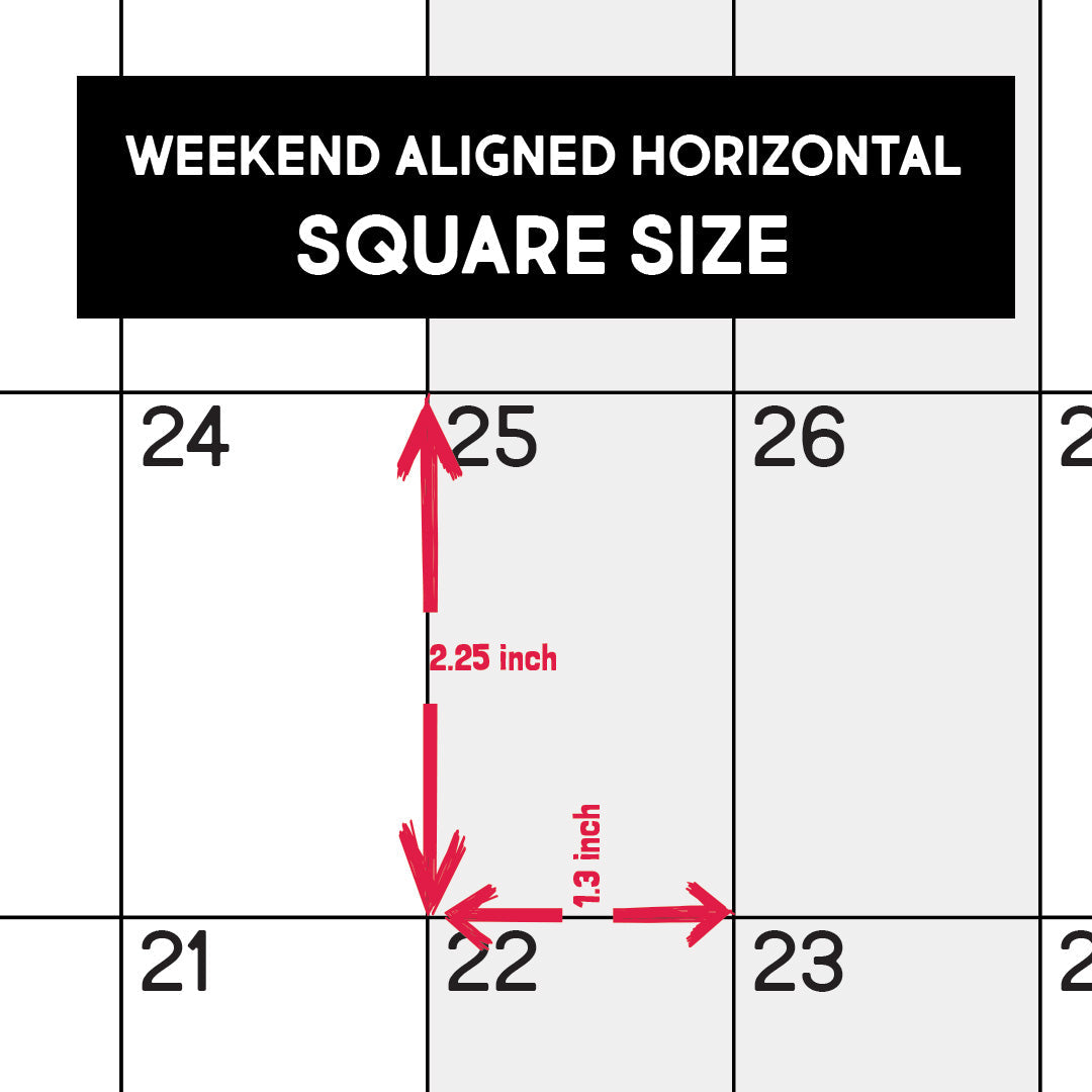 Diagram showing the size of each day square on the weekend-aligned horizontal calendar