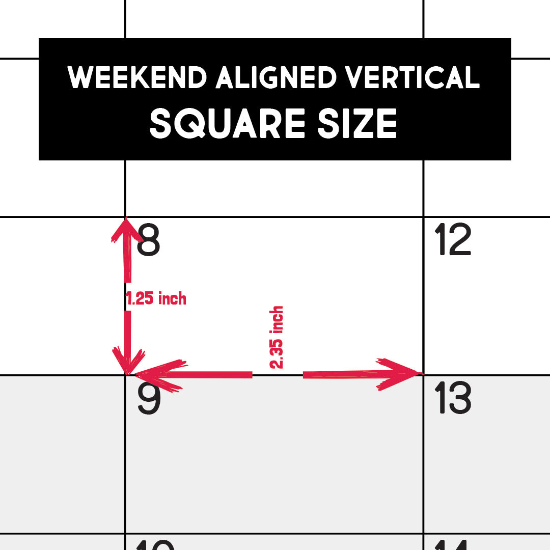 Diagram showing the size of each day square on the weekend-aligned vertical calendar
