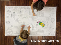 Thumbnail for Child coloring the Adventure Awaits giant coloring sheet on a wood floor with crayons
