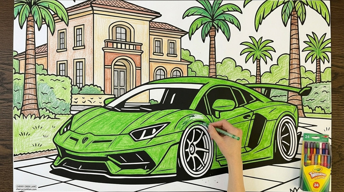 Giant Lamborghini Aventador coloring sheet colored in with crayons - Cherry Creek Lane