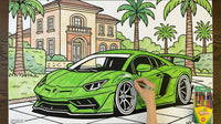 Thumbnail for Giant Lamborghini Aventador coloring sheet colored in with crayons - Cherry Creek Lane