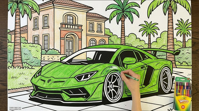 Giant Lamborghini Aventador coloring sheet colored in with crayons - Cherry Creek Lane