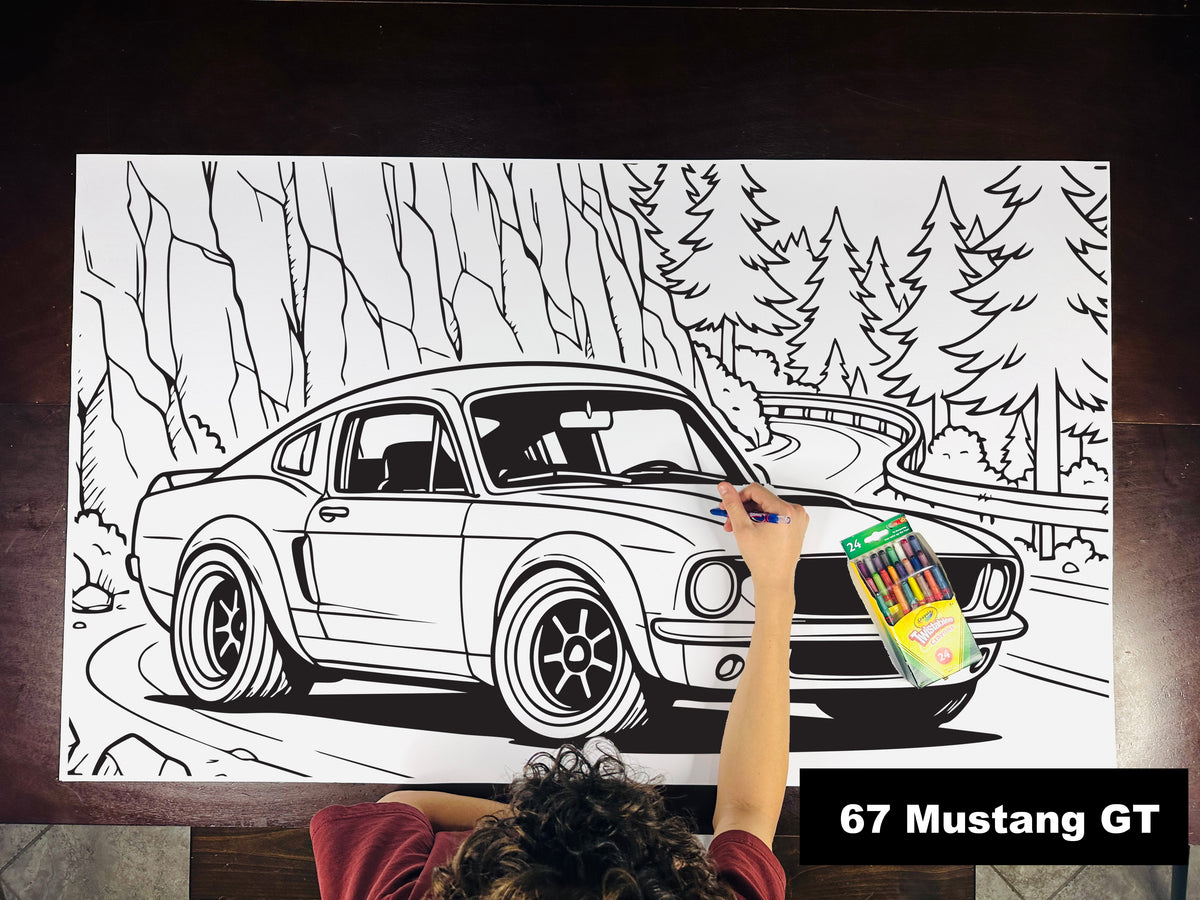 Giant coloring sheet of a classic 1960s muscle car, with a box of crayons