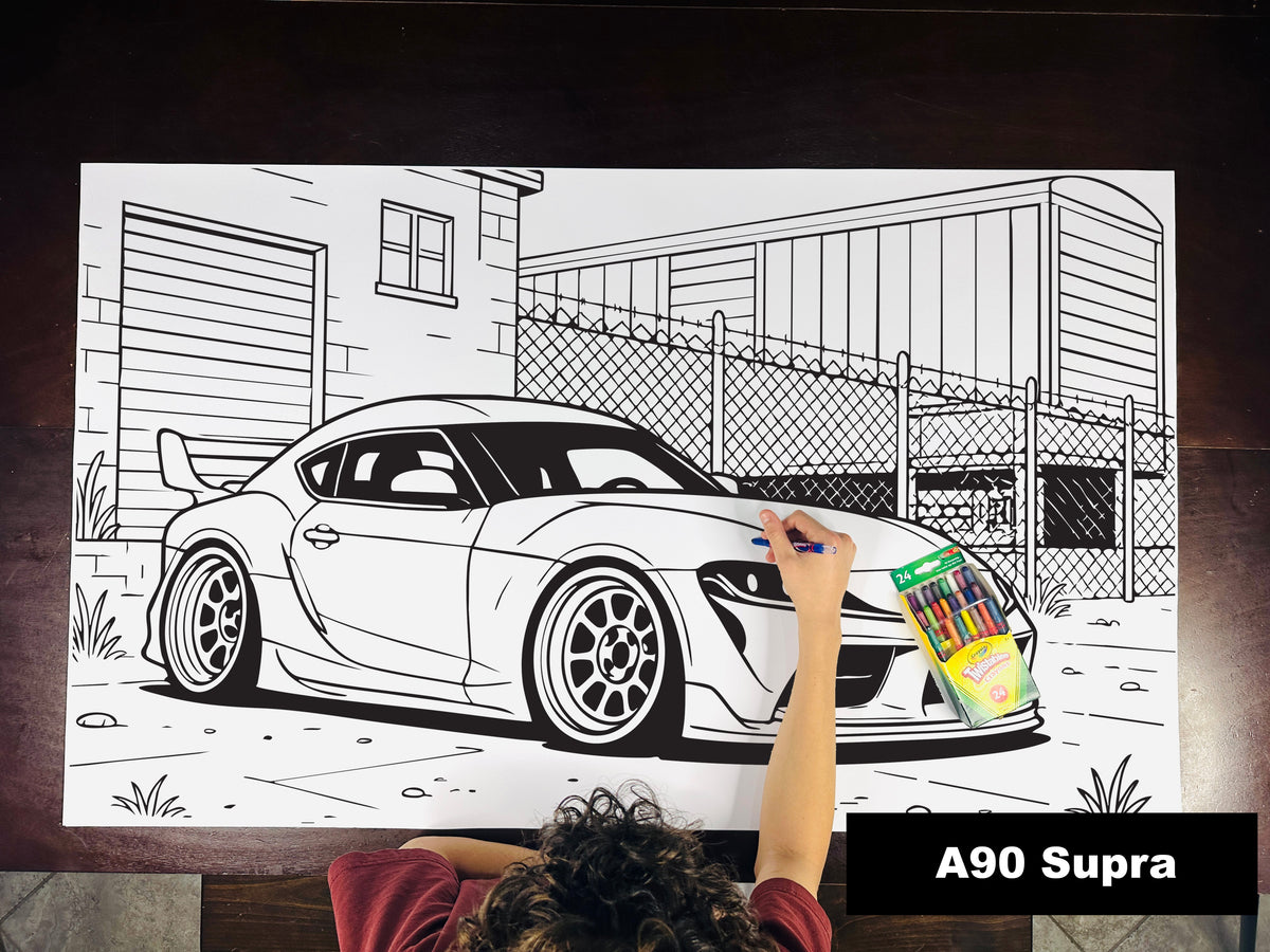 Giant coloring sheet of a modern sports car, with a box of crayons