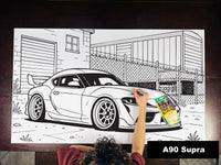 Thumbnail for Giant coloring sheet of a modern sports car, with a box of crayons