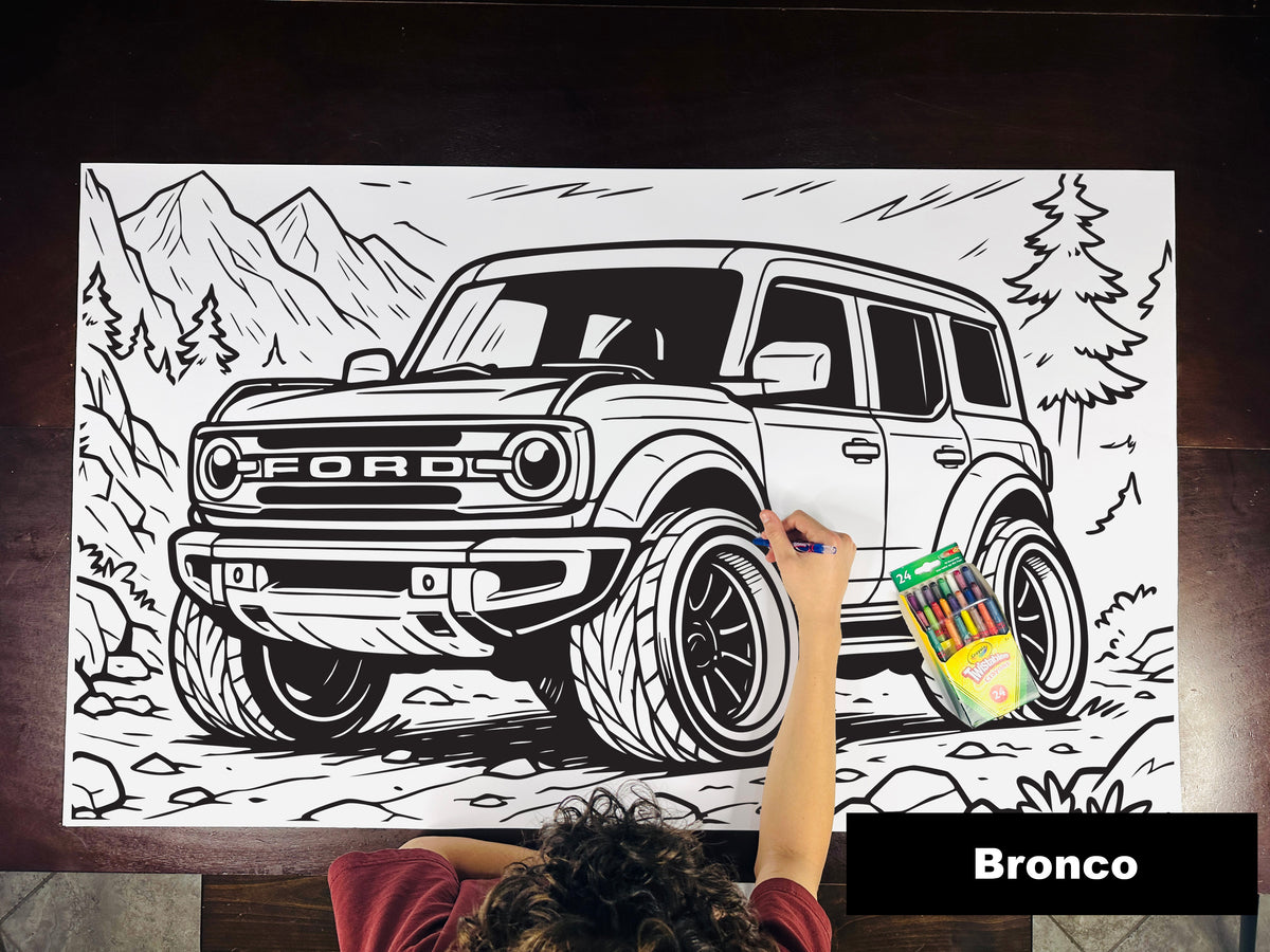 Giant coloring sheet of an off-road SUV, with a box of crayons