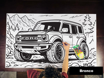 Giant coloring sheet of an off-road SUV, with a box of crayons