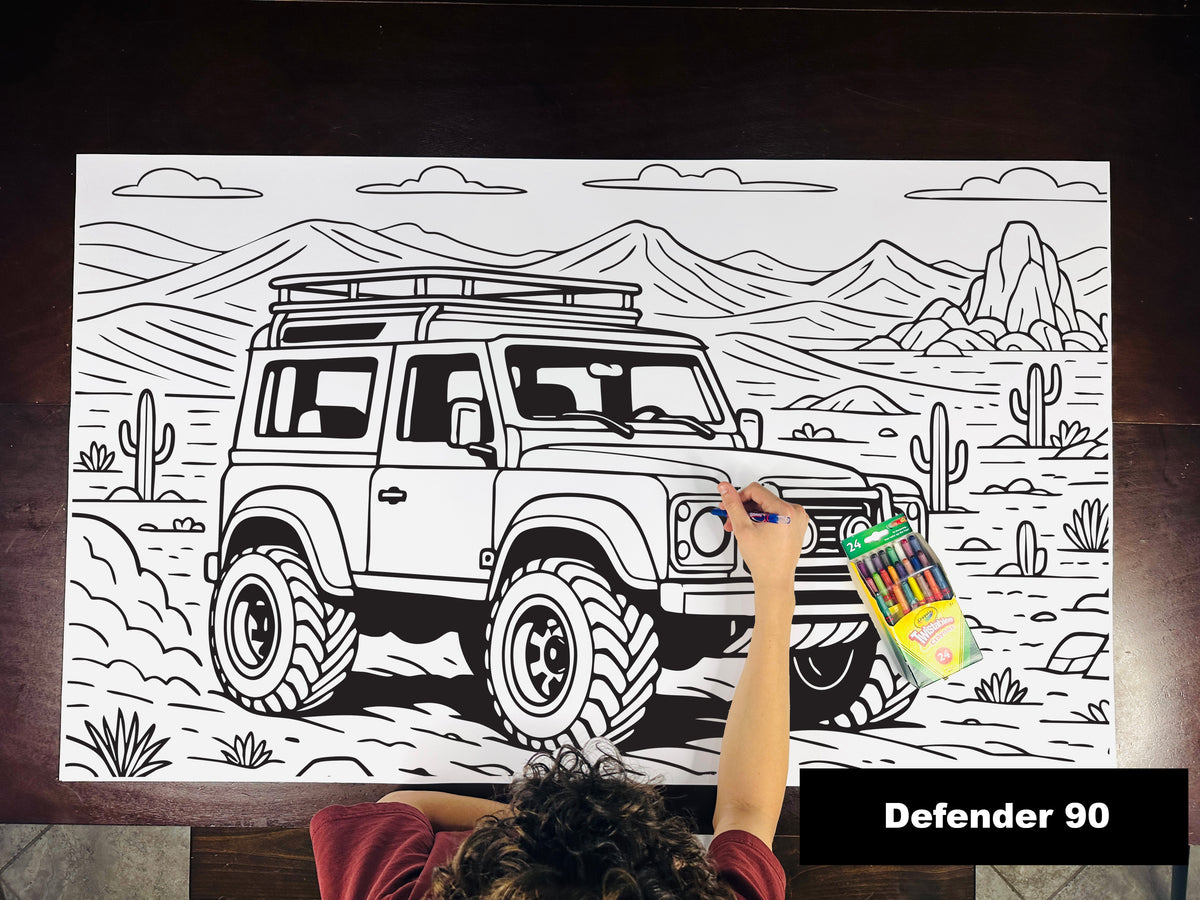 Giant coloring sheet of a boxy off-road SUV, with a box of crayons