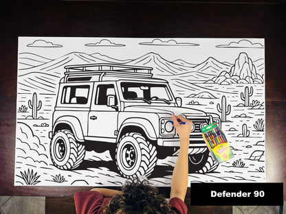 Giant coloring sheet of a boxy off-road SUV, with a box of crayons