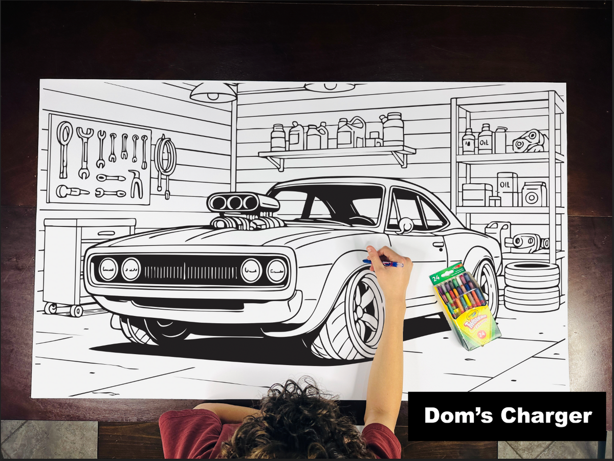 Giant coloring sheet of a classic muscle car, with a box of crayons