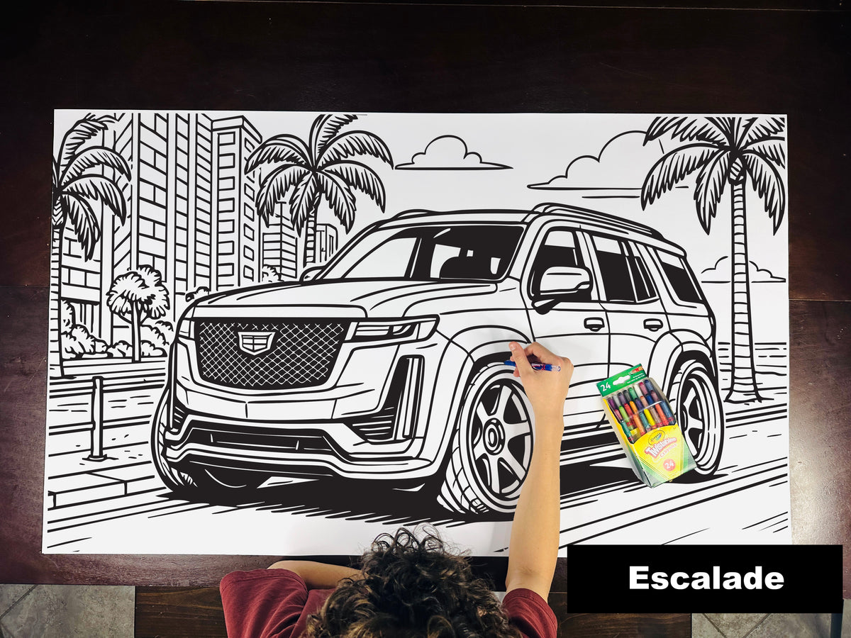 Giant coloring sheet of a full-size luxury SUV, with a box of crayons