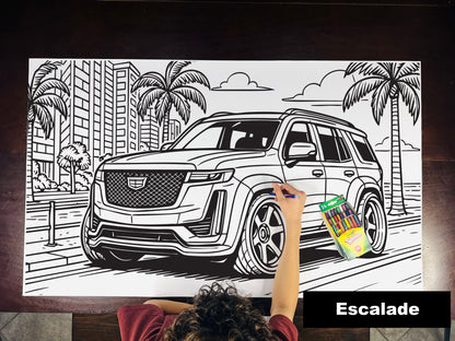 Giant coloring sheet of a full-size luxury SUV, with a box of crayons