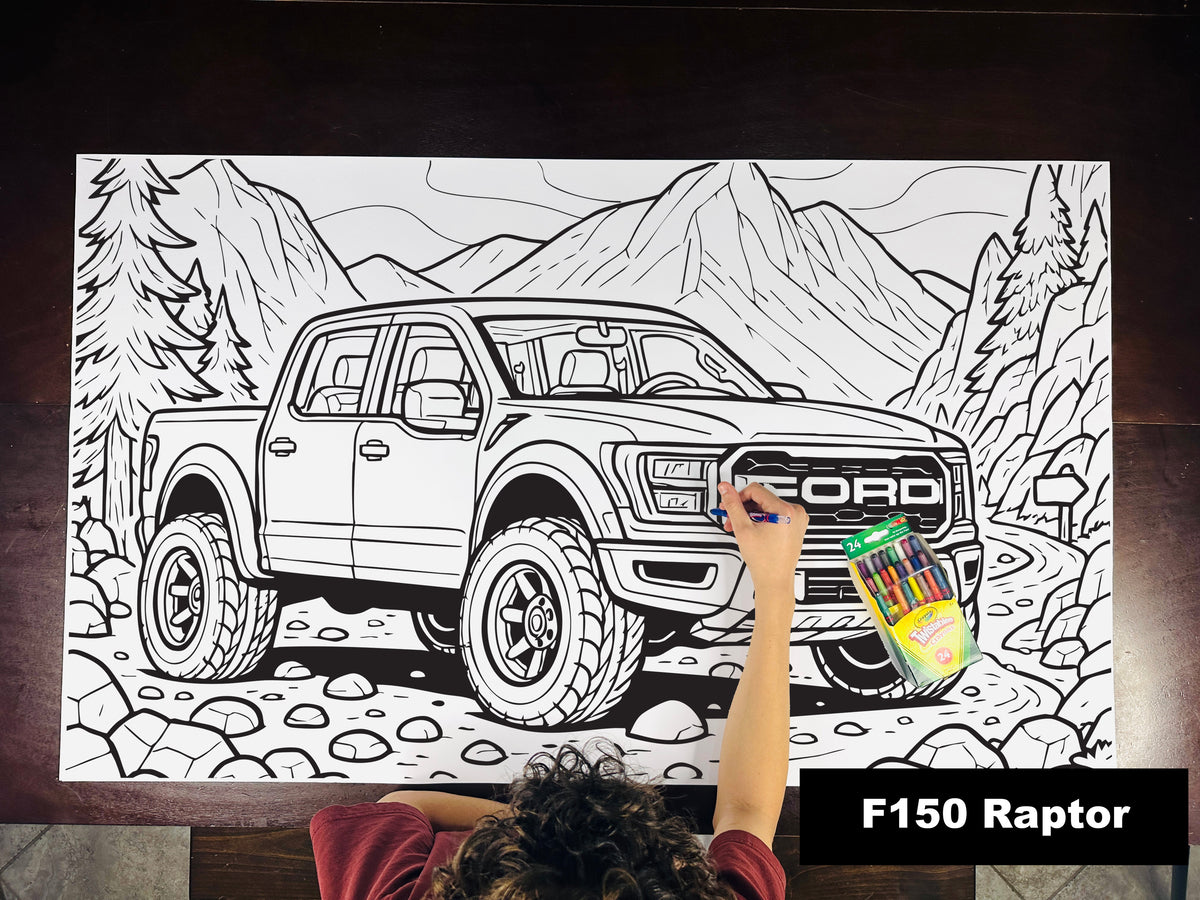 Giant coloring sheet of an off-road pickup truck, with a box of crayons