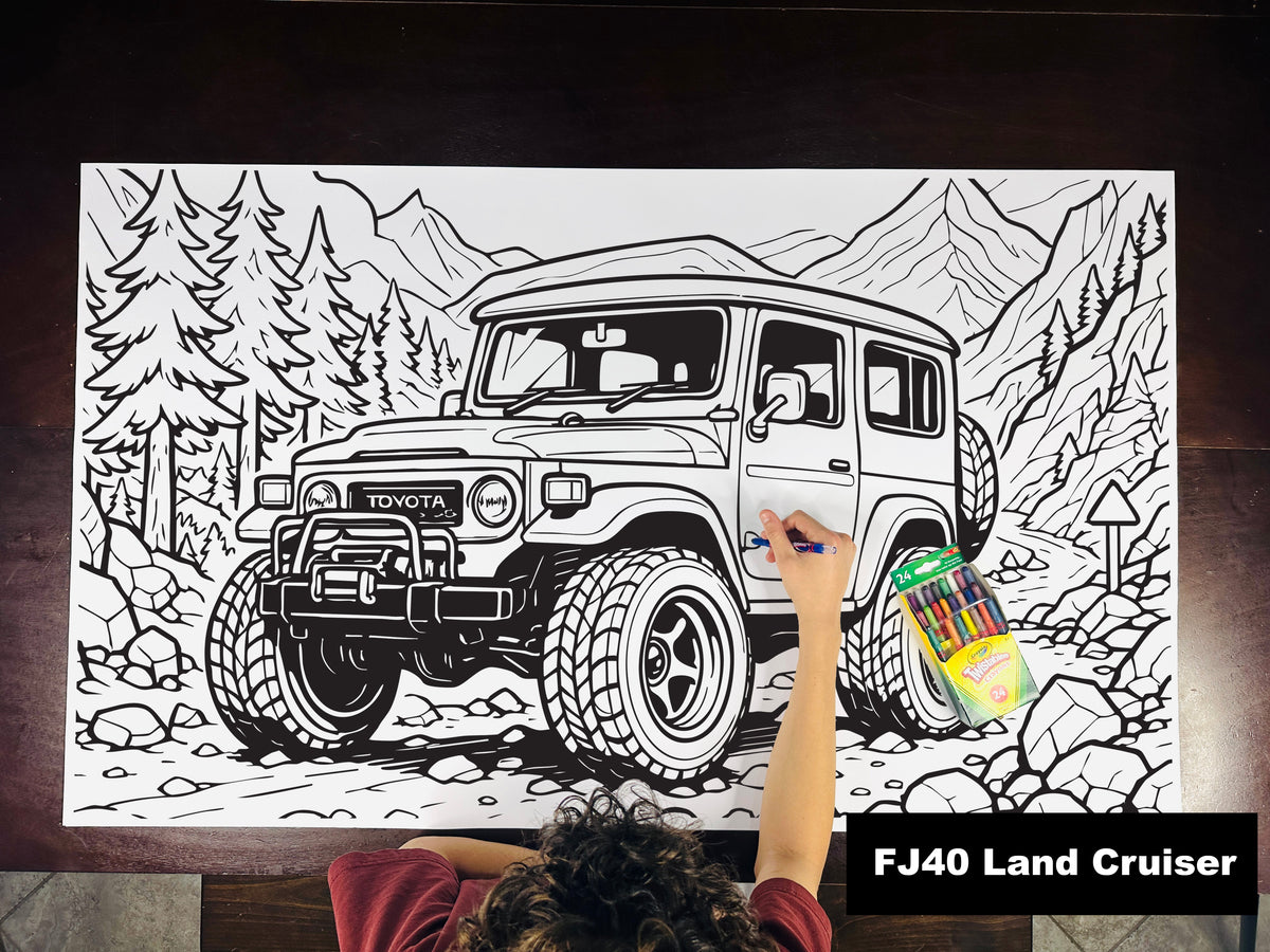 Giant coloring sheet of a vintage off-road SUV, with a box of crayons
