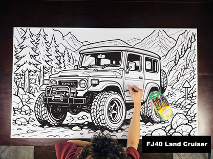 Giant coloring sheet of a vintage off-road SUV, with a box of crayons