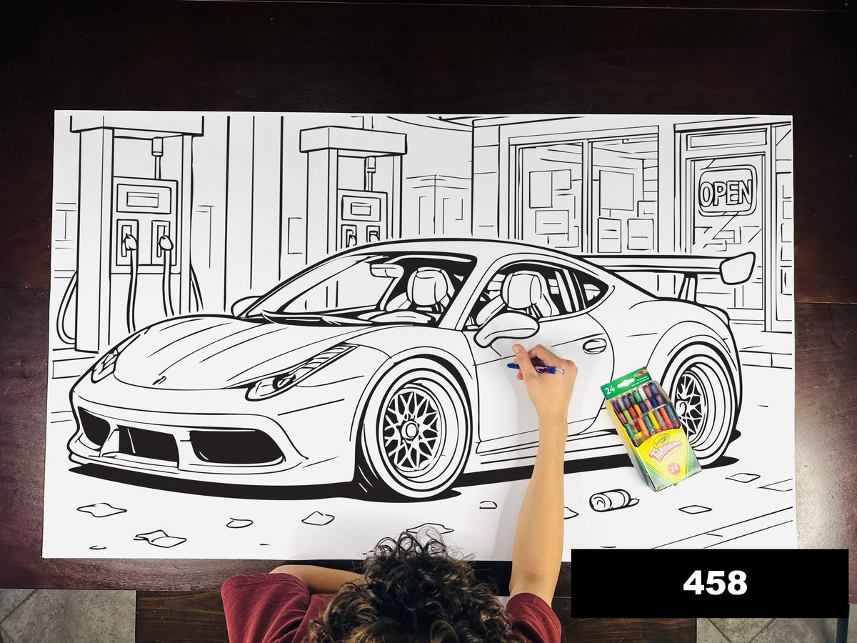 Giant coloring sheet of an exotic sports car, with a box of crayons