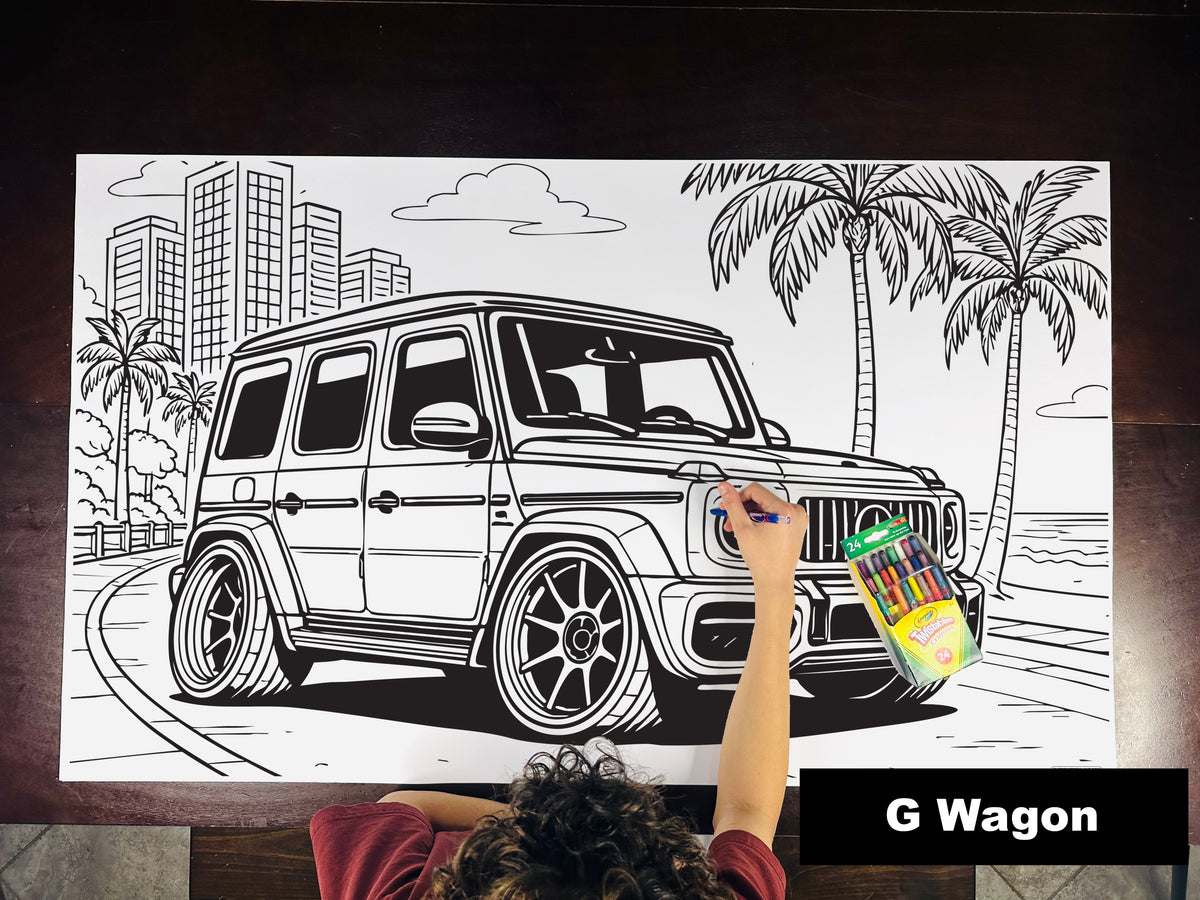 Giant coloring sheet of a boxy luxury SUV, with a box of crayons