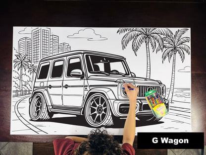 Giant coloring sheet of a boxy luxury SUV, with a box of crayons