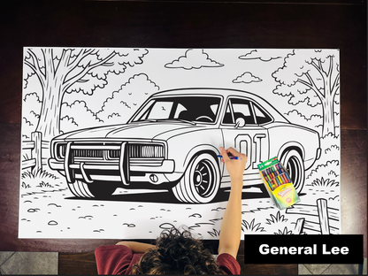 Giant coloring sheet of a classic muscle car, with a box of crayons