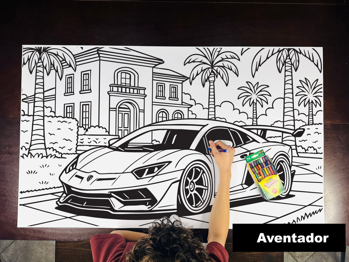 Giant coloring sheet of an exotic sports car, with a box of crayons