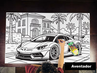 Thumbnail for Giant coloring sheet of an exotic sports car, with a box of crayons