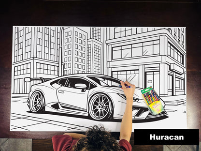 Giant coloring sheet of an exotic sports car, with a box of crayons