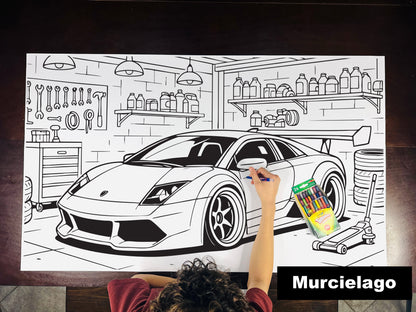 Giant coloring sheet of an exotic sports car, with a box of crayons